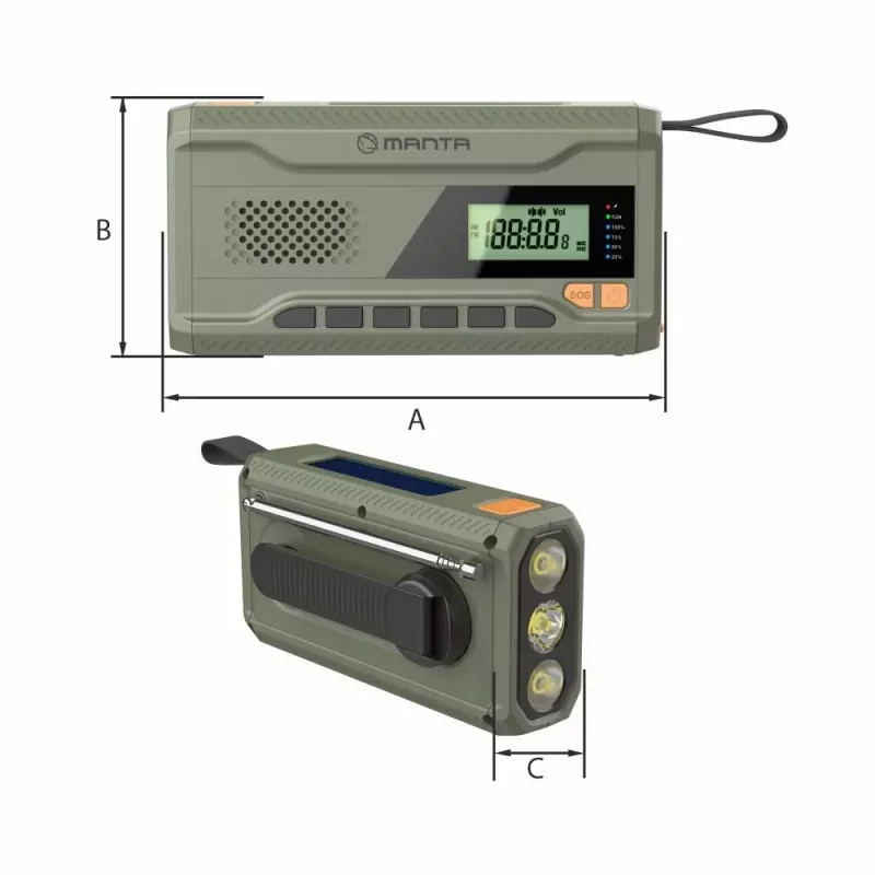 Rádio FM portátil MANTA RDI401G com painel solar, manivela dínamo, bateria 4000–4500 mAh, saída USB 5 V, 3 W, lanterna