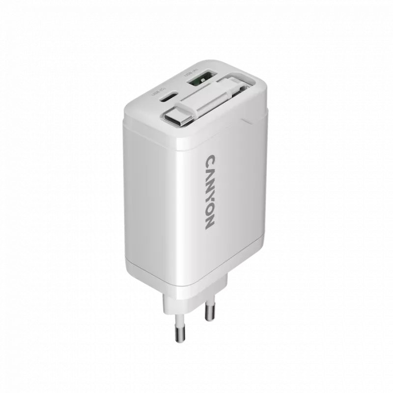 Carregador CANYON OnCharge 65RC com cabo USB-C integrado 65W, 1x PD, 1x QC, ficha EU, branco
