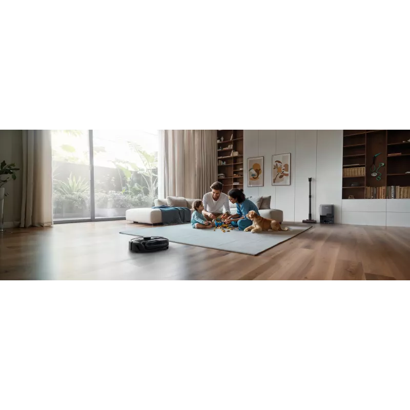 Aspirador robô Eufy E20 preto — redondo, base com saco de pó, 150 minutos de autonomia, 35 cm de diâmetro