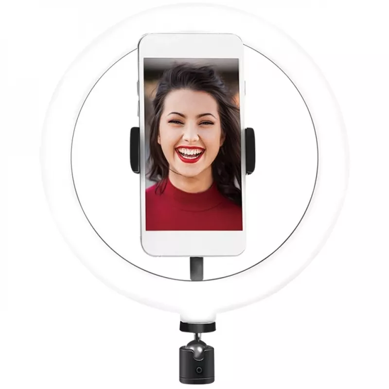 LogiLink AA0151 Anel de luz LED para smartphones, Ø 200 mm, 3 modos de cor, regulável, rosca de tripé de 1/4 de polegada, com suporte para smartphone, USB, cabo de 1,8 m, preto