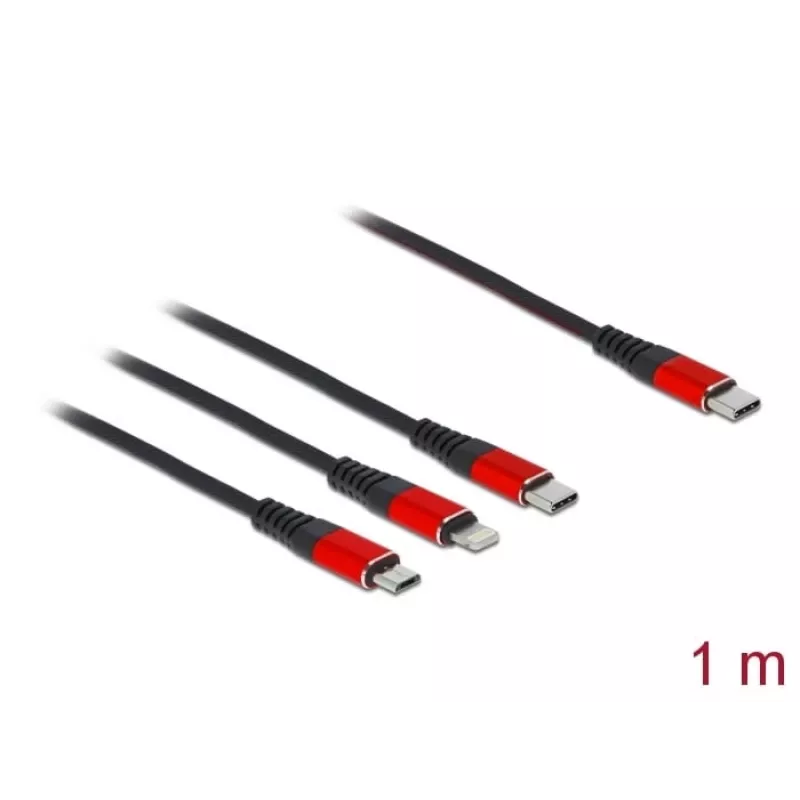 Cabo de carregamento USB DeLOCK 3-em-1 USB Type-C para Lightning Micro USB USB Type-C 1 m preto vermelho