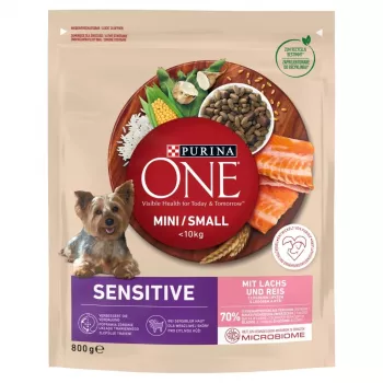 Comida seca Purina Nestlé One Mini/Small Sensitive Salmon & Rice 800 g – para raças pequenas (5–10 kg), seniores, 27 % de proteína, 17 % de gordura