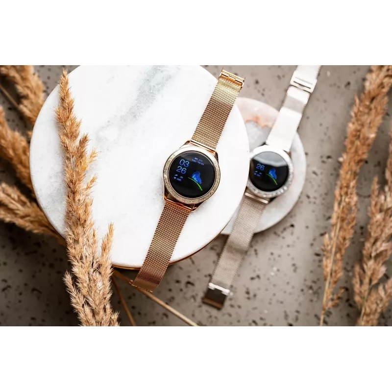 Smartwatch ORO-MED ORO-SMART CRYSTAL SILVER — caixa redonda em metal, LCD 240 × 198, ecrã de 1,04 polegadas, Bluetooth 4.0, à prova de água, bateria de 120 mAh