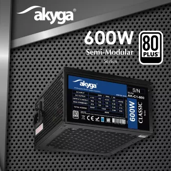 Fonte de alimentação ATX Akyga Classic AK-C1-600 600 W, 80 PLUS, PFC ativo, ventoinha de 120 mm