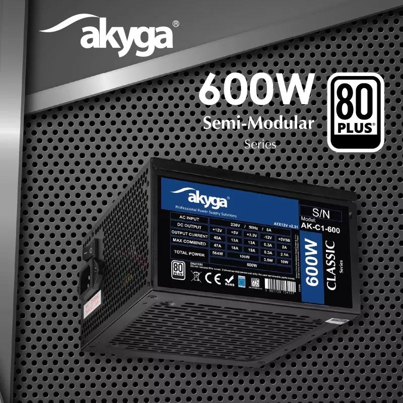 Fonte de alimentação ATX Akyga Classic AK-C1-600 600 W, 80 PLUS, PFC ativo, ventoinha de 120 mm