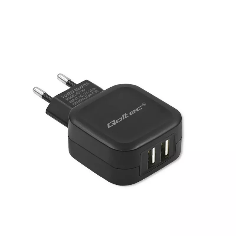 Carregador de parede AC QOLTEC 50186 para smartphone e tablet, 5 V 3.4 A, 17 W, 2× USB, preto