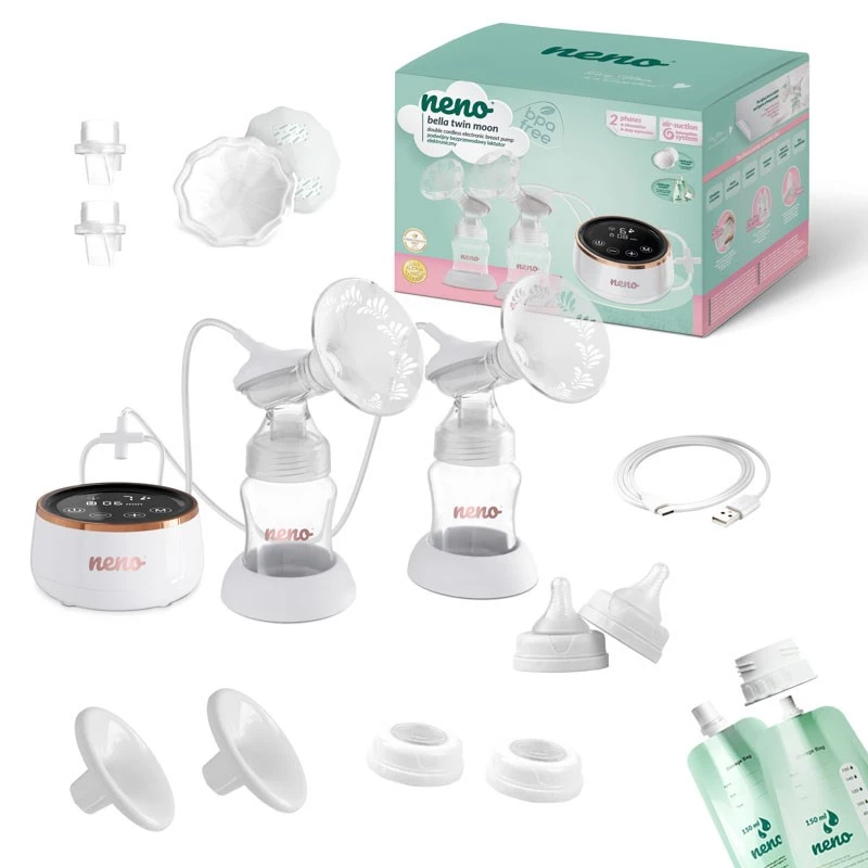 Bomba tira-leite elétrica dupla neno Bella Twin Moon – sem fios, bifásica, LCD, biberões de 150 ml, madrepérola