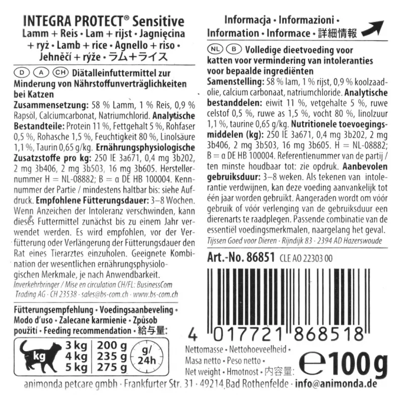 Animonda Integra Protect Sensitive comida húmida para gatos com borrego e arroz 100 g