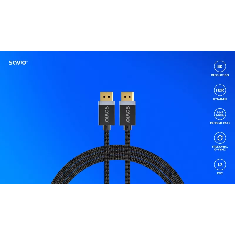 Cabo DisplayPort SAVIO CL-166 2 m Preto – DisplayPort 1.4, ficha-ficha, contactos banhados a ouro