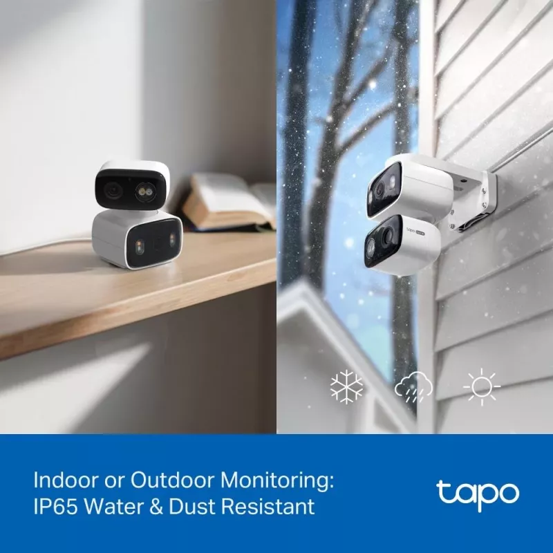 TP-Link Tapo C246D câmara de segurança de interior / exterior com lente dupla e rotação horizontal/vertical, 2K 3MP (2304×1296), grande angular de 125° + teleobjetiva de 6 mm, IP65, Wi-Fi, microSD até 512 GB