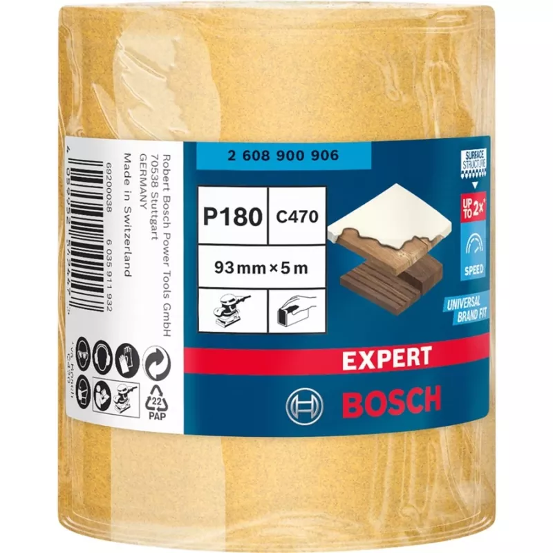 Rolo de lixa Bosch Expert C470, rolo de lixa, grão fino, P180, acabamento, remoção de tinta, madeira, lixagem a seco