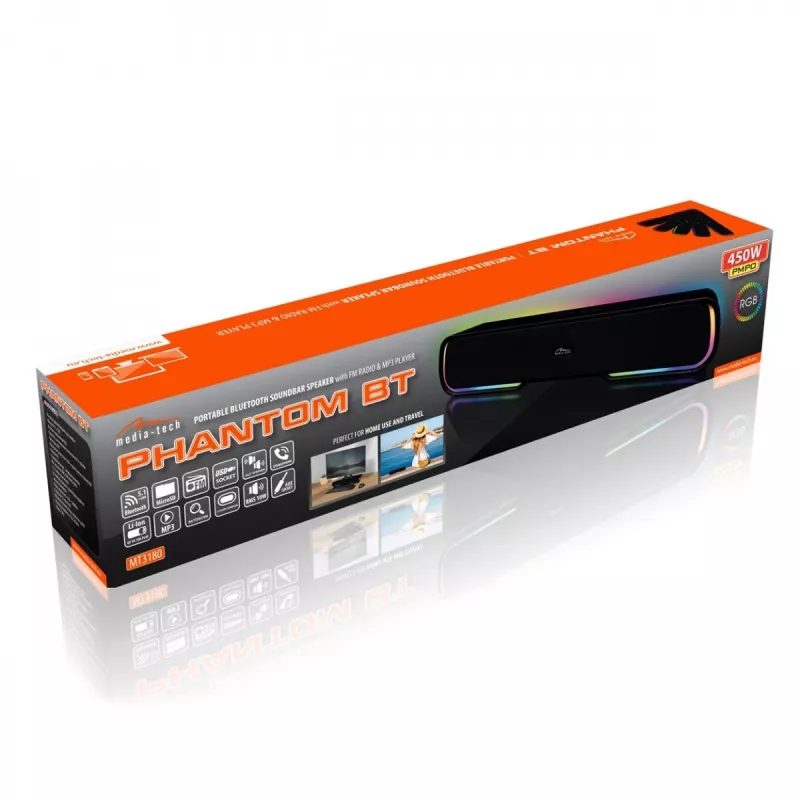 Altifalante MEDIA‑TECH Phantom MT3180 Soundbar 450W RMS, 80W alimentado por bateria, Bluetooth, com fios e sem fios, preto