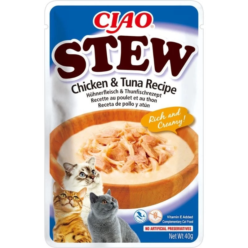 Snack húmido para gatos INABA Ciao guisado de frango e atum 40 g saqueta, saqueta carnuda, 86,5 % de humidade