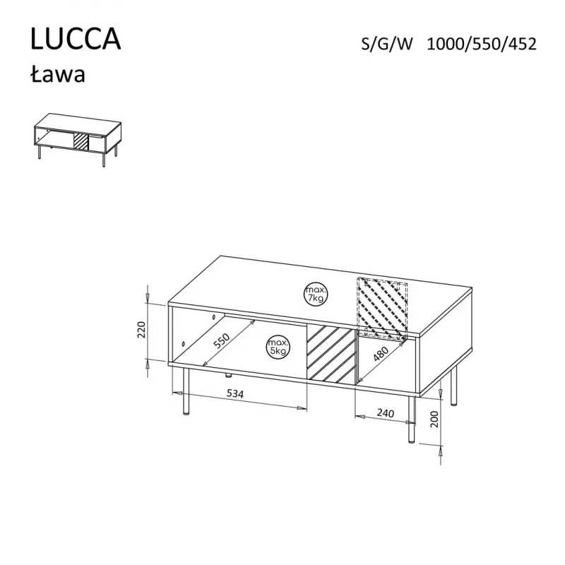 Mesa de centro Cama LUCCA banco/mesa 100x55x46 cashmere, tampo retangular cinzento