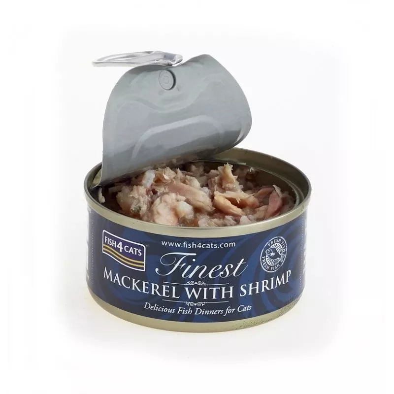 Comida húmida para gatos FISH4DOGS Cavala com Camarão 70 g — gatos adultos, sabor a peixe, lata, sem glúten