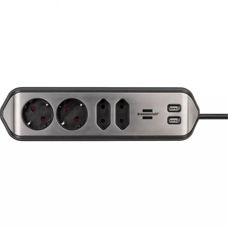 Brennenstuhl estilo régua de tomadas de canto 4 tomadas, preta, 2 tomadas Schuko, 2 tomadas Euro, com função de carregamento USB