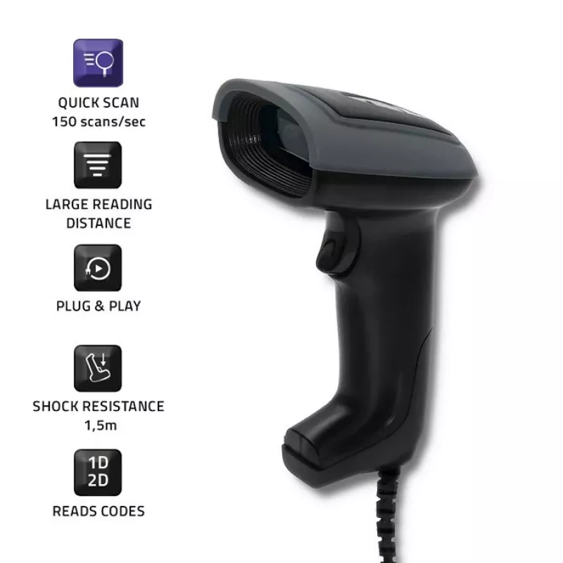Leitor de códigos de barras manual QOLTEC 50863 — leitor 1D/2D, USB com fios, sensor LED, preto, 5V, cabo de 1,8 m