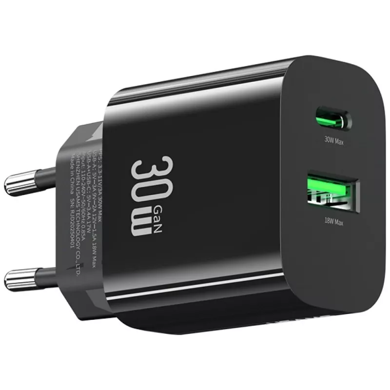 Carregador USAMS USA001631 30W com 1x USB-C e 1x USB-A carregamento rápido