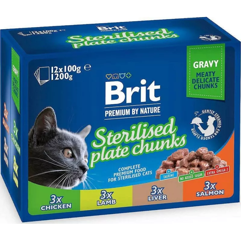 BRIT Premium Cat Sterilised Plate - Alimento húmido para gatos - 12x100g