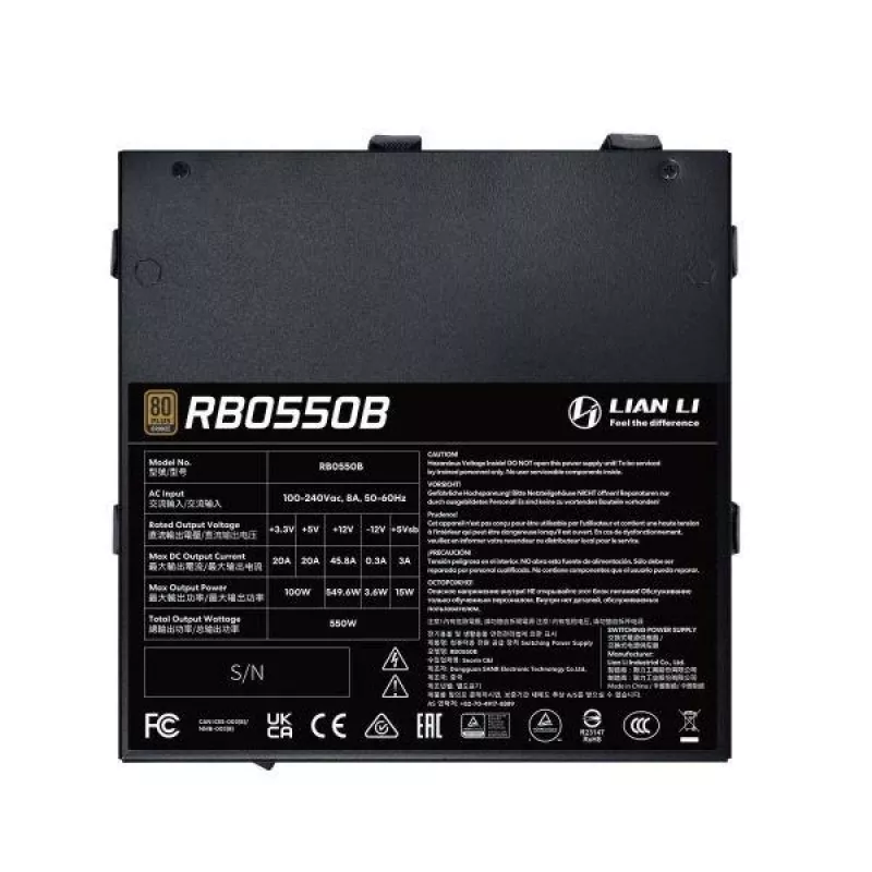 Fonte de alimentação Lian Li RB0550B.B 550 W, 24 pinos ATX, 80 PLUS Bronze, ventoinha de 135 mm, preto