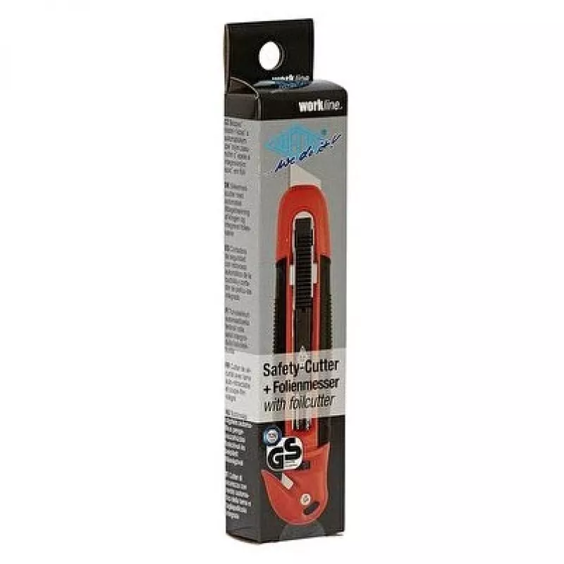 WEDO 78805 x-ato de segurança Standard, lâmina trapezoidal, retração automática da lâmina, bloqueio de segurança, incl. cortador de película, preto/vermelho