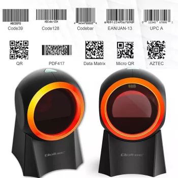 Leitor de códigos de barras de secretária com fio QOLTEC 50857 – 1D/2D, USB, caixa ABS, preto, cabo de 1,75 m