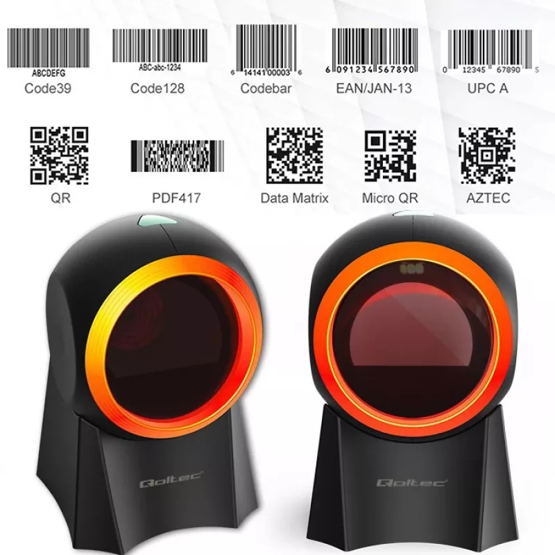 Qoltec 50857 leitor de códigos de barras de secretária com fio, 1D/2D, QR, USB, cabo de 1,75 m