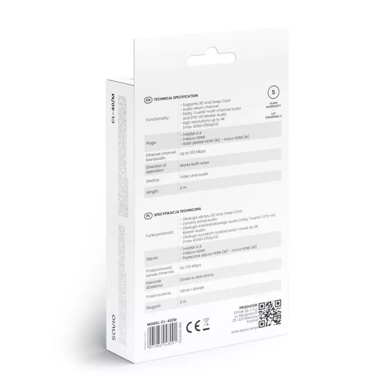 Cabo Savio CL-40/M HDMI (macho) - micro HDMI (macho) com Ethernet, 2m, preto