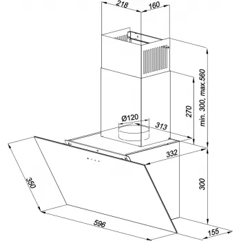 Exaustor de parede MAAN Vertical Glass 60, preto, vidro/aço inoxidável, 595 mm, 135–320 m³/h, controlo eletrónico