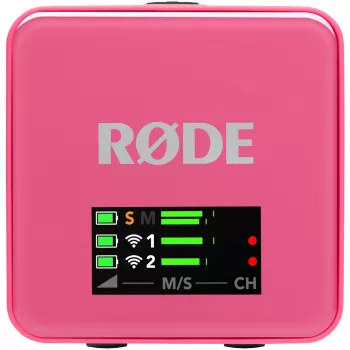 Microfone sem fios RODE Wireless GO III rosa — sistema compacto de transmissor e recetor de dois canais