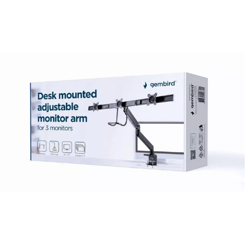 Suporte de monitor de secretária GEMBIRD MA-DA3-03, 3 braços, mola a gás, VESA 75–100x100, suporta 3 ecrãs até 27 polegadas, máx. 18 kg, preto