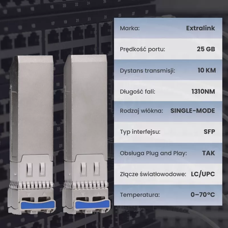 Extralink SFP28 25G pack de 2 | módulo SFP28 | 25Gbit/s, LC/UPC duplex, 1310nm, 10km, monomodo, DOM módulo transceptor de rede