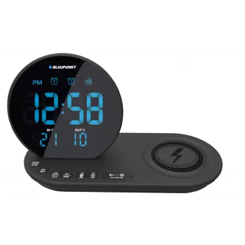 Rádio-despertador FM PLL/ALARME/USB/CR85BK CARREGAMENTO/Carregamento sem fios/temperatura interior/exterior/preto