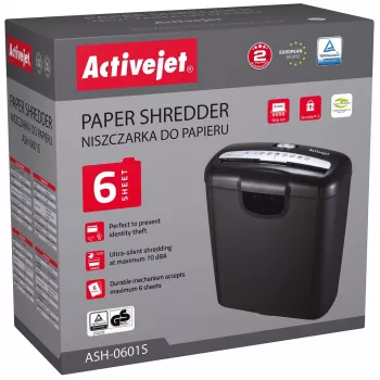 Destruidora de papel Activejet ASH-0601S, P-2, 10 l, corte em tiras 6 mm, 6 folhas, preto.