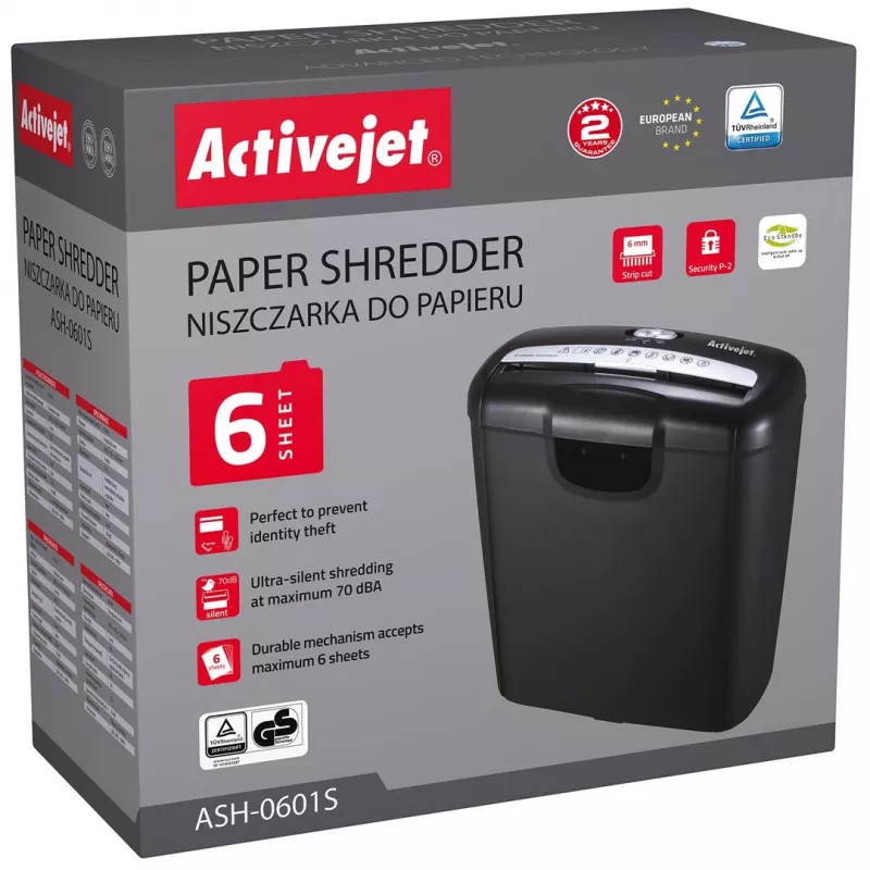 Destruidora de papel Activejet ASH-0601S, P-2, 10 l, corte em tiras 6 mm, 6 folhas, preto.