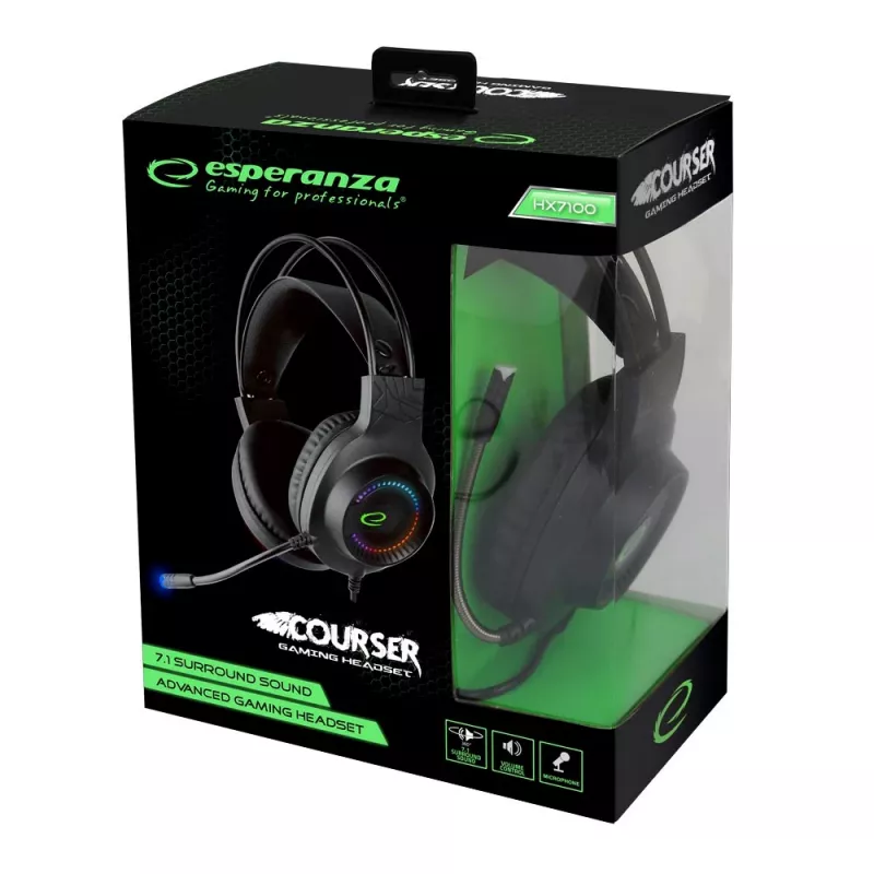 Esperanza EGH7100 Courser auscultadores gaming com microfone, som surround virtual 7.1, USB 2.0, controlo de volume, pretos