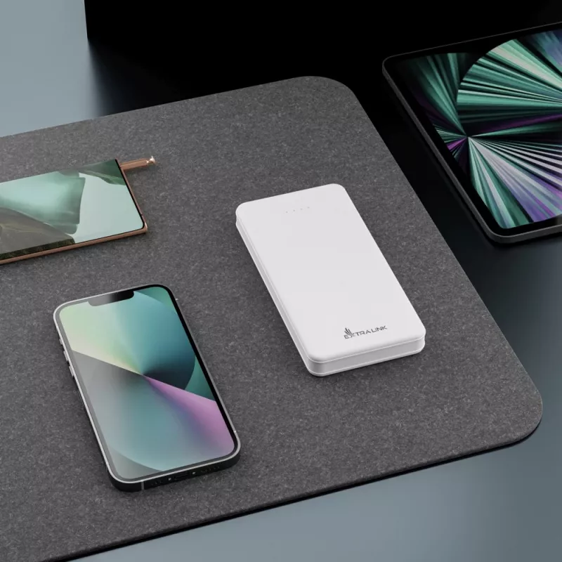Powerbank Extralink EPB-078W 10000 mAh branco, USB-C, saída 10 W, carrega até 2 dispositivos