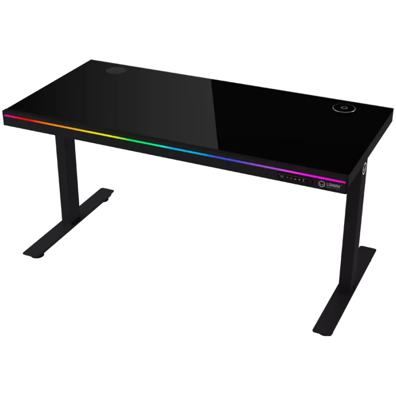 Secretária gaming de altura ajustável com dois motores, função sentado/em pé, carregador sem fios, iluminação RGB, painel de controlo e portas USB, tampo em vidro temperado, preto