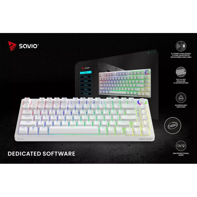 Teclado mecânico sem fios SAVIO PHENIX WHITE, Gateron Red Pro, ABS