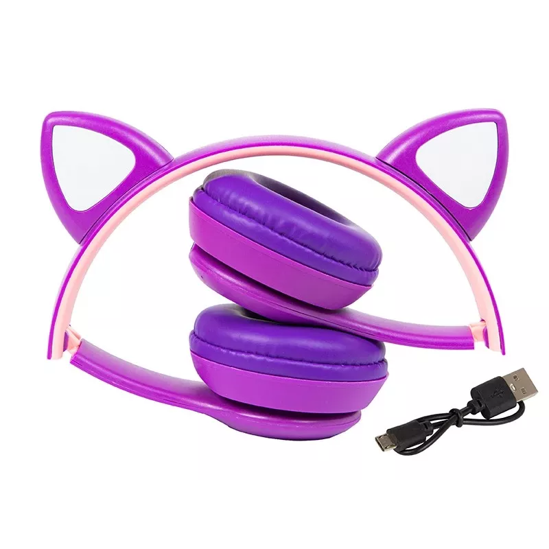 Auscultadores sem fios Bluetooth 5.0 LED para criança orelhas roxas