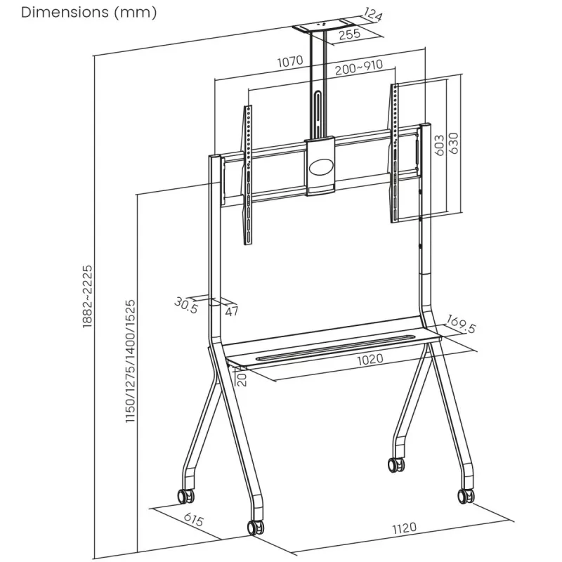 Suporte de TV MACLEAN MC-114 B suporte de chão portátil para ecrãs de 55–100 polegadas, carga máx. 120 kg, VESA 200x200–900x600, altura 115–152 cm, preto, prateleira