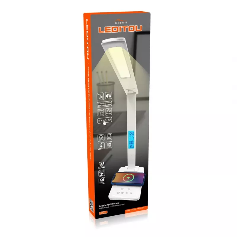 Media-Tech MT222 Leditou candeeiro de secretária LED com carregador sem fios Qi de 15 W, relógio, despertador, termómetro, branco