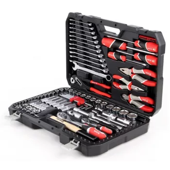 Conjunto de ferramentas para mecânico YATO YT-38901 — conjunto de 122 peças com chaves de caixa (12–32 mm), catraca, extensões, chaves de fendas, martelo, alicates, acabamento cromado