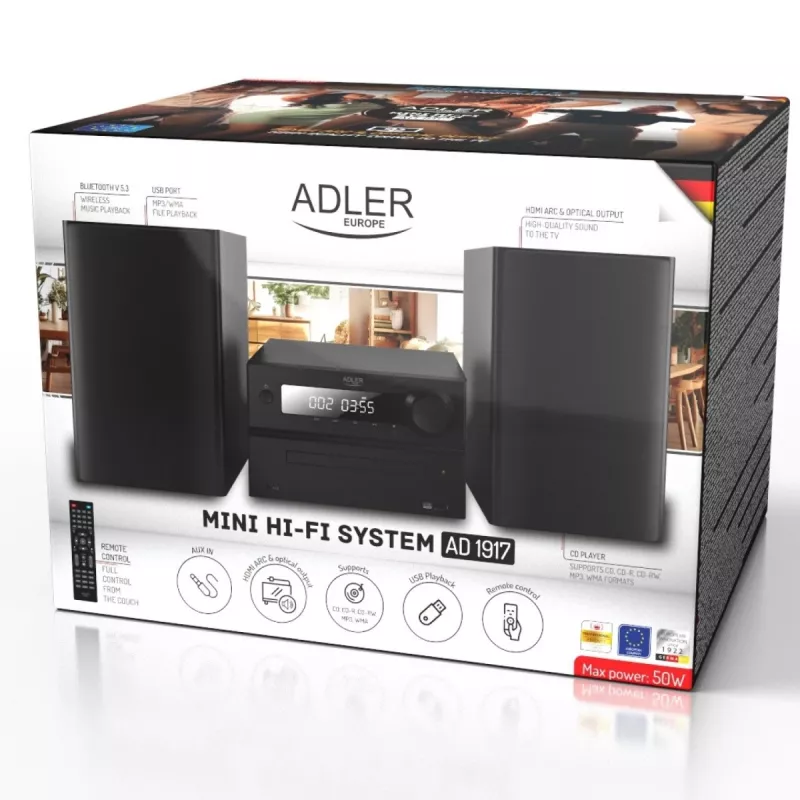 Mini sistema de alta fidelidade estéreo Adler AD 1917 — Bluetooth V5.3, CD/USB/MP3, 2×25 W RMS, sintonizador FM, equalizador de 4 bandas, AUX, preto