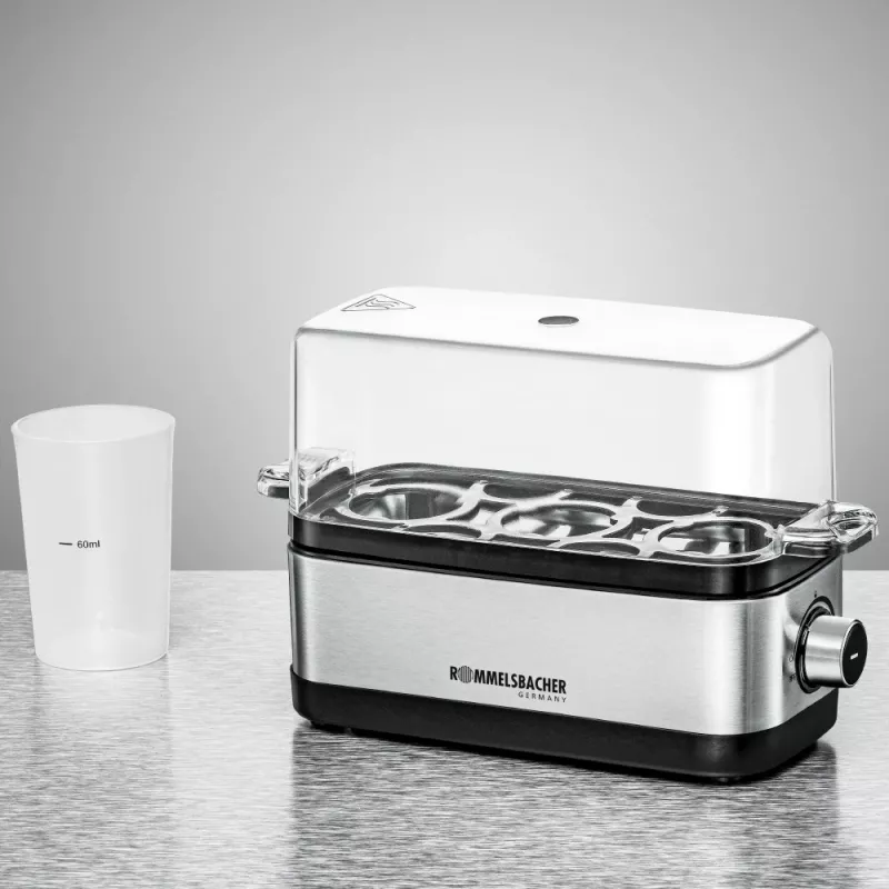 Cozedor de ovos Rommelsbacher ER 300 — 3 ovos aço inoxidável, 300 W, tampa transparente