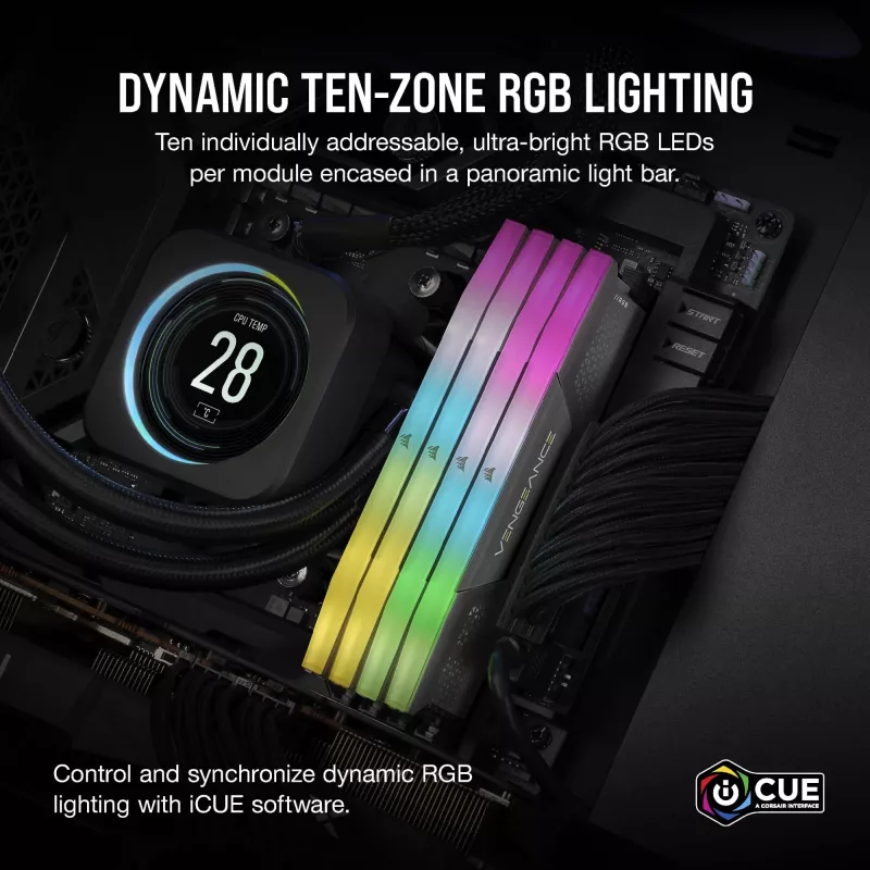 CORSAIR VENGEANCE RGB 32GB 2x16GB DDR5 6000MT/s DIMM Unbuffered 36-44-44-96 Std PMIC AMD EXPO dissipador cinzento PCB preto 1.4V