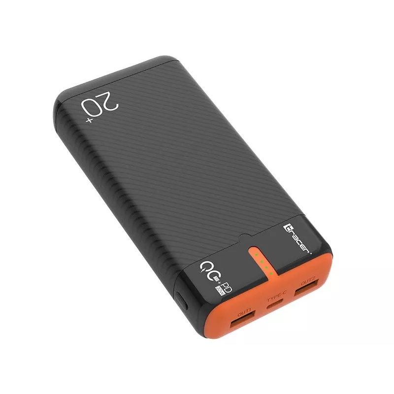 Carregador portátil TRACER EnerGen 20000 mAh, Power Delivery 20W, entrada USB-C, 2 saídas USB-A, suporte para 3 dispositivos, laranja