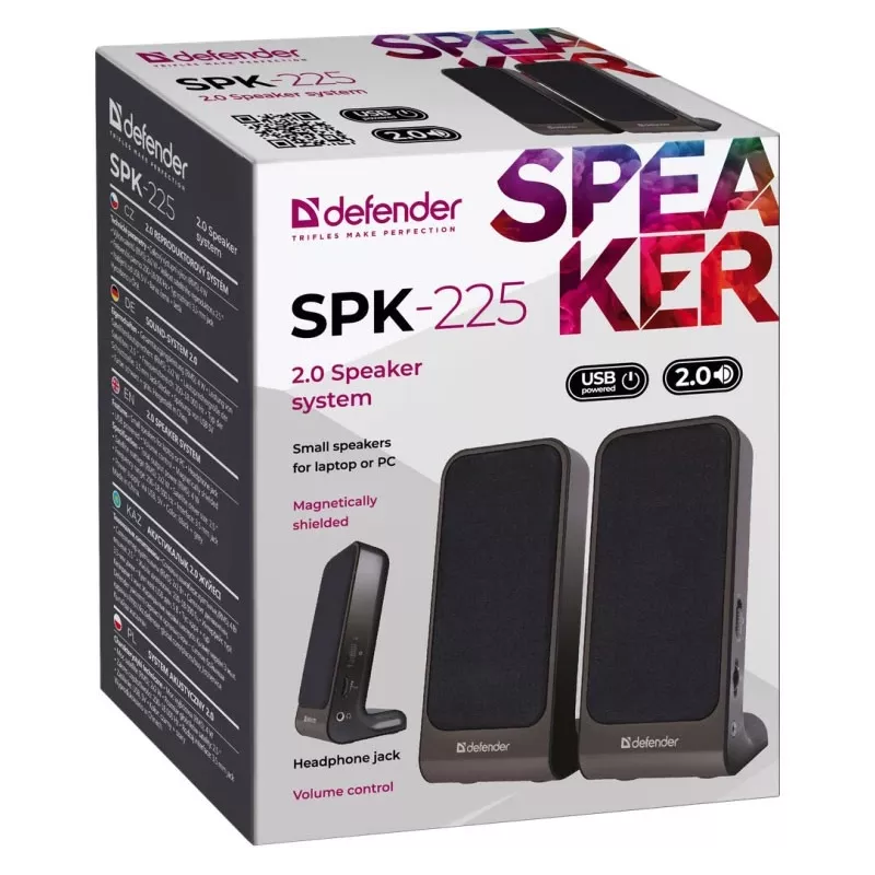 Altifalantes DEFENDER SPK-225 com fios 2.0, 4 W RMS, USB/DC 5 V, 3,5 mm, preto