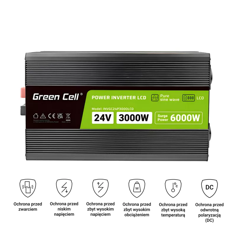 Inversor automóvel Green Cell INVGC24P3000LCD 24V 3000W onda sinusoidal pura, 230V 50Hz, LCD, tipo F