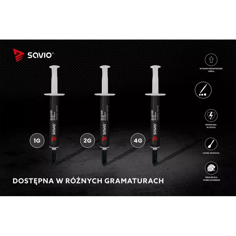 Pasta térmica SAVIO TG-04 4 g — condutividade térmica 14,5 W/m·K, temperatura de funcionamento -250 a 300 °C, cinzento
